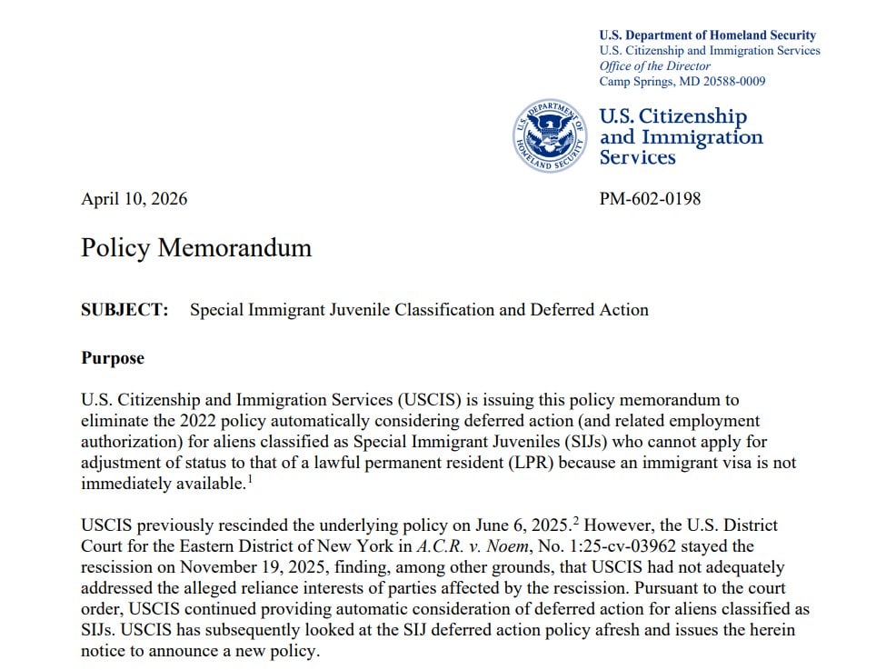 USCIS acaba con la acción diferida automática para jóvenes con estatus SIJ